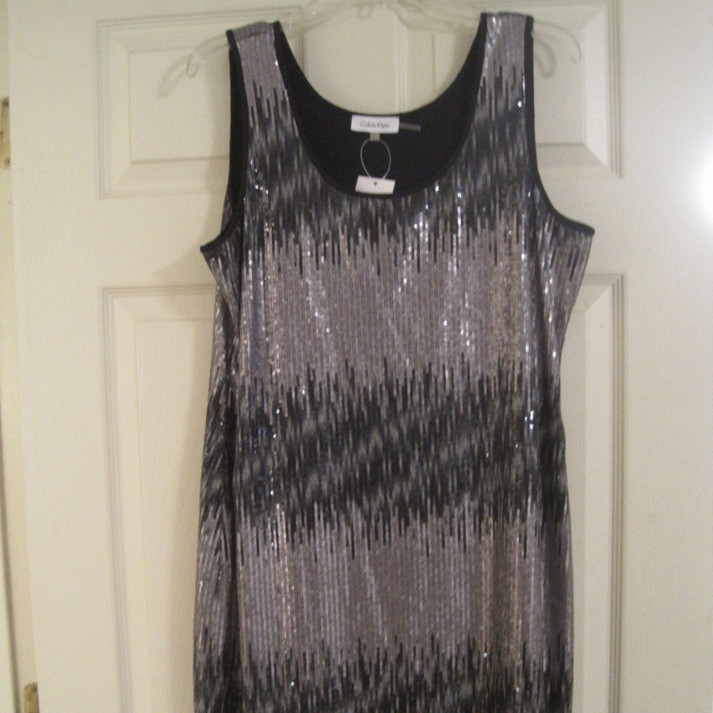 CALVIN KLEIN GUNMETAL AND BLACK SEQUIN TANK DRESS